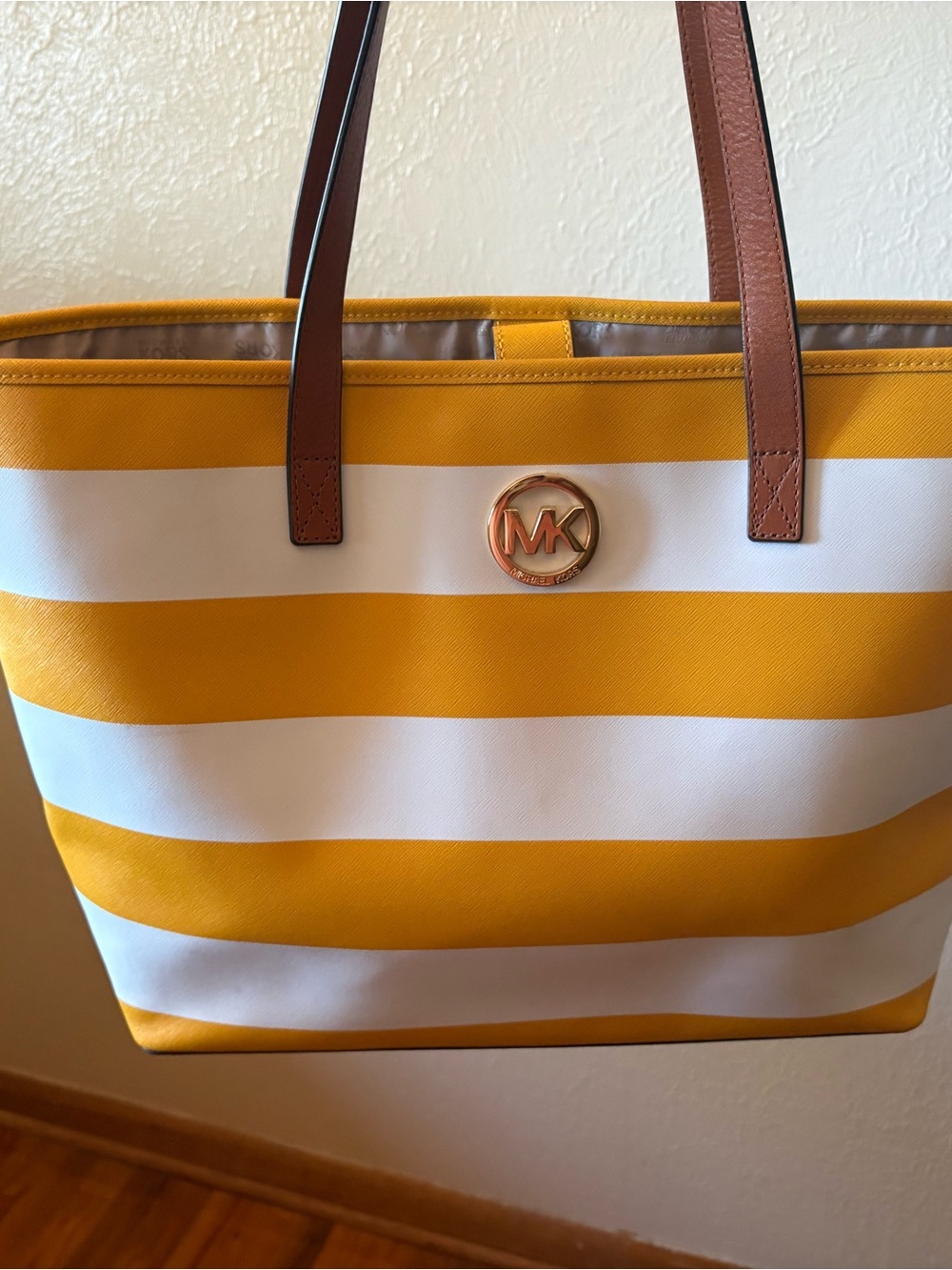 Michael Kors Yellow and White Striped Tote with Brown Straps